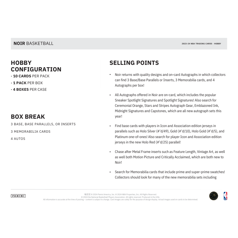 2023/24 Panini Noir Basketball Hobby 4 Box Case