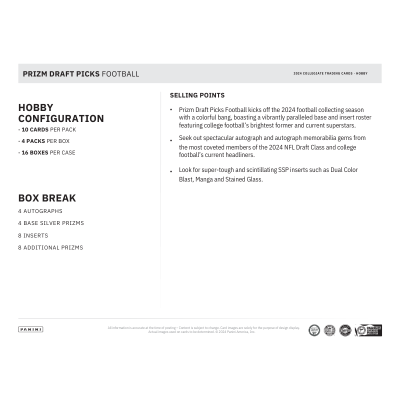 2024 Panini Prizm Draft Picks Collegiate Football Hobby 16 Box Case