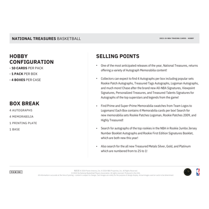 2023/24 Panini National Treasures Basketball Hobby 4 Box Case